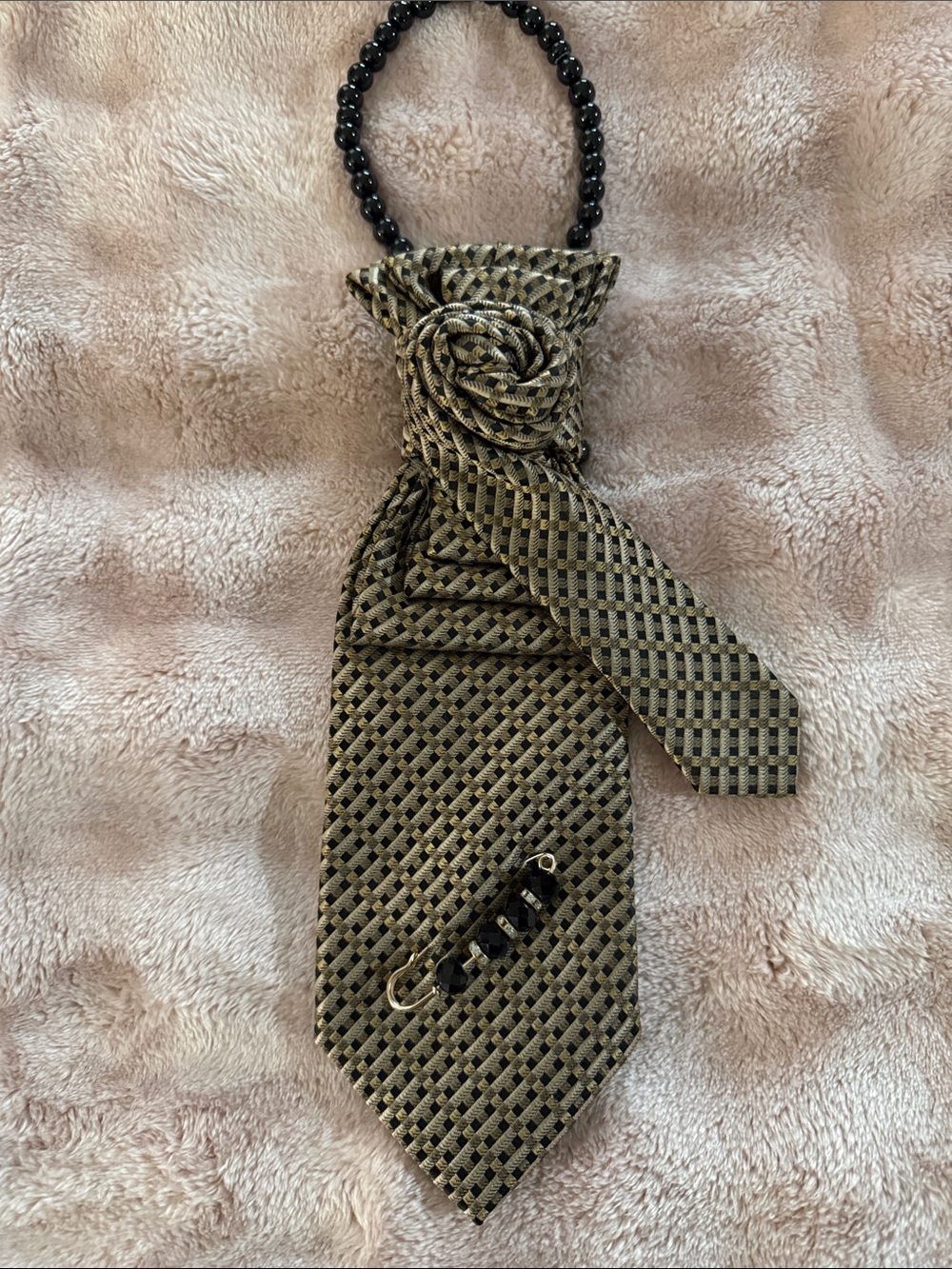 Women's Black and Gold Patterned Decorative Tie